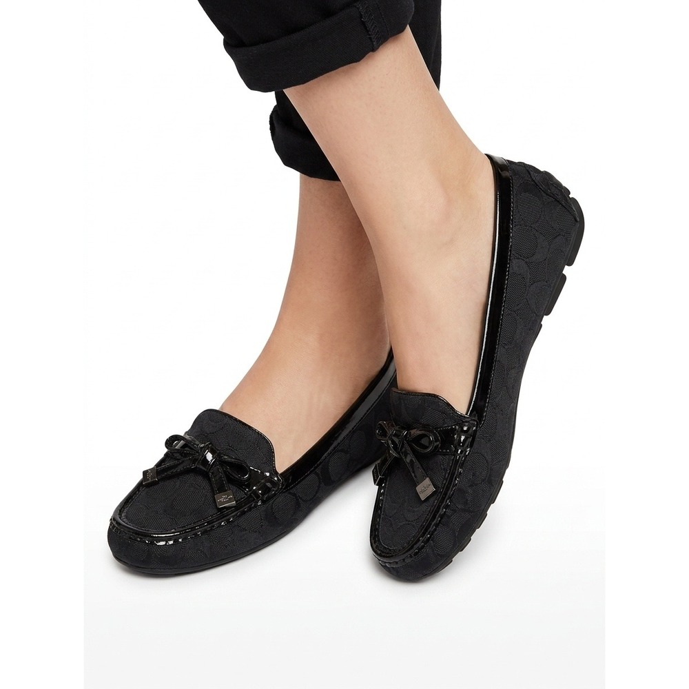 Coach Signature Canvas Frida Loafer Flats Black Patent Bow Women's Size 8